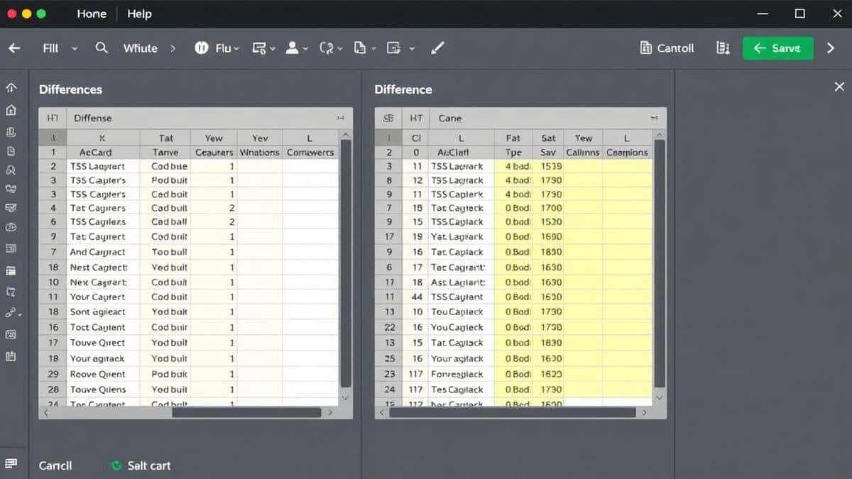 modern file comparison tool interface showing two CSV files side by side with highlighted differences in rows and columns