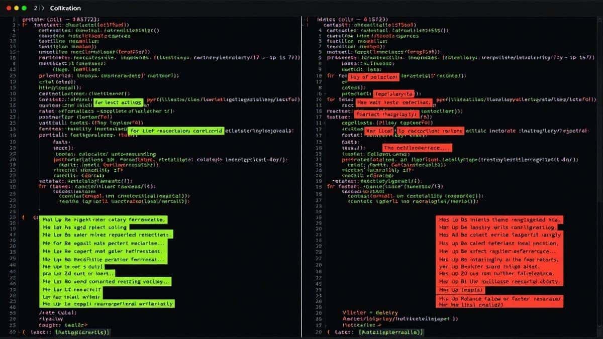 modern split-screen HTML comparison tool showing highlighted code differences in green and red with clean interface