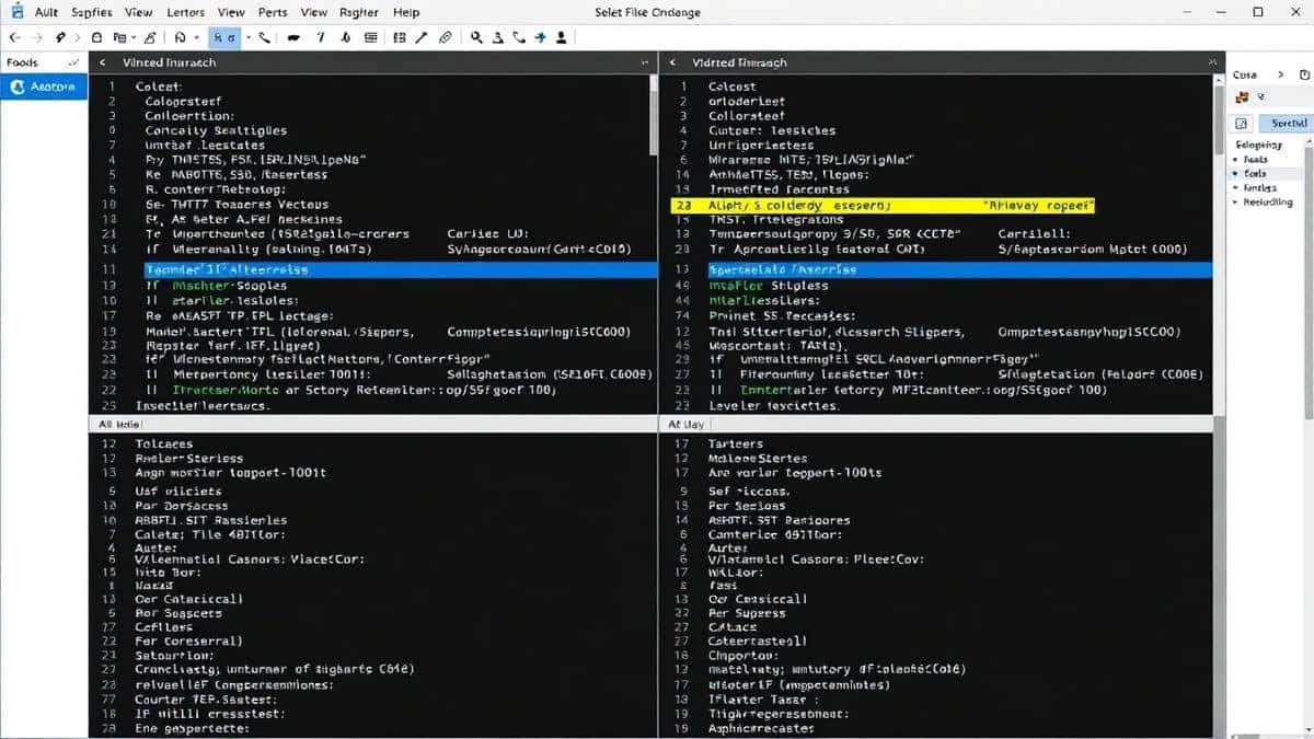 modern file comparison tool ui split screen with highlighted differences showing sql code comparison