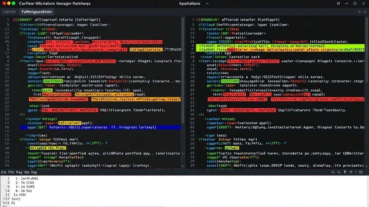 modern split screen file comparison tool showing highlighted differences between two YAML configurations with clear color coding